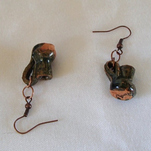 Terracotta Mexico Pottery OoaK Earrings Mini Glazed Handmade Copper Wires Rings - Picture 12 of 14